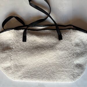 Neiman Marcus white teddy tote bag w/ black leather straps 19 x 11